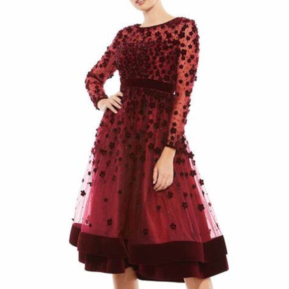 Mac Duggal NWT Burgundy Floral Embossed Illusion Tea Length Dress Size 6 #67007 - Picture 1 of 7